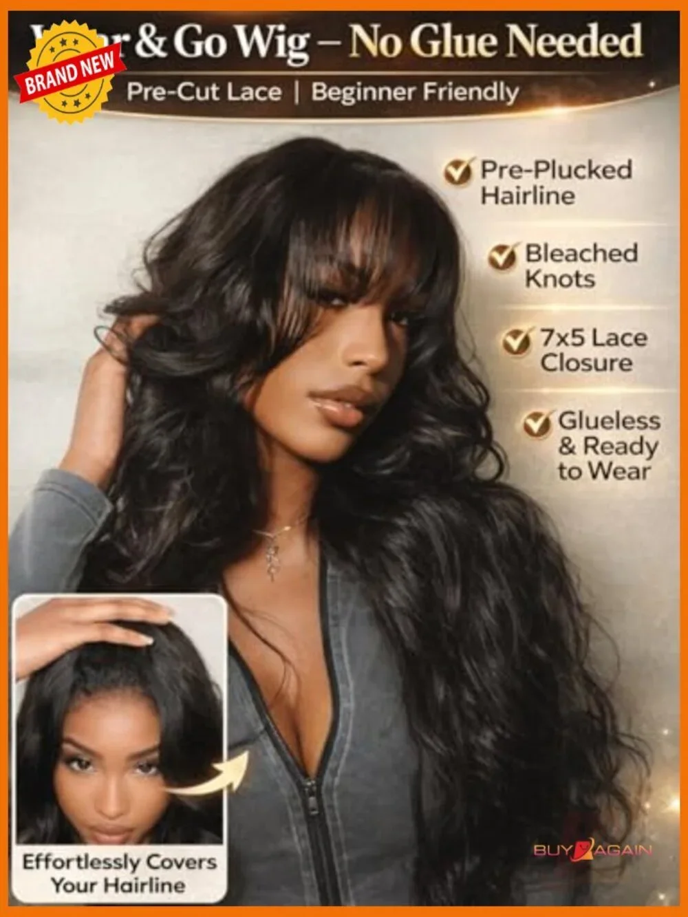 Body Wave Human Hair Wig with Wispy Bangs, Glueless Lace Front, Pre-Plucked